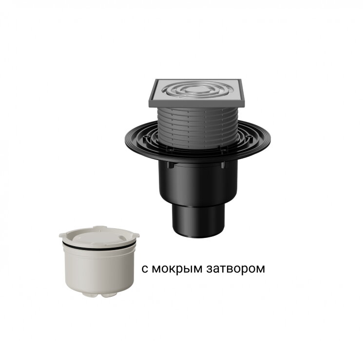 T 310.0 SHsP Трап вертикальный регулируемый FACHMANN с нержавеющей решеткой решетка 122 x 122 мм, с мокрым затвором, без фланца