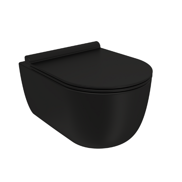082125 Унитаз подвесной безободковый BERGES EGO Black Rimless 49 см., сиденье дюропласт Toma Black Slim SO: микролифт, быстросъем